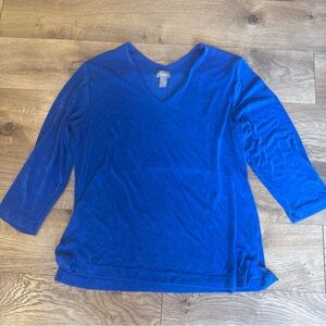 Chico's Travelers Royal Blue Slinky Knit Top V Neck 3/4 Ruched Slv Size 2 L USA